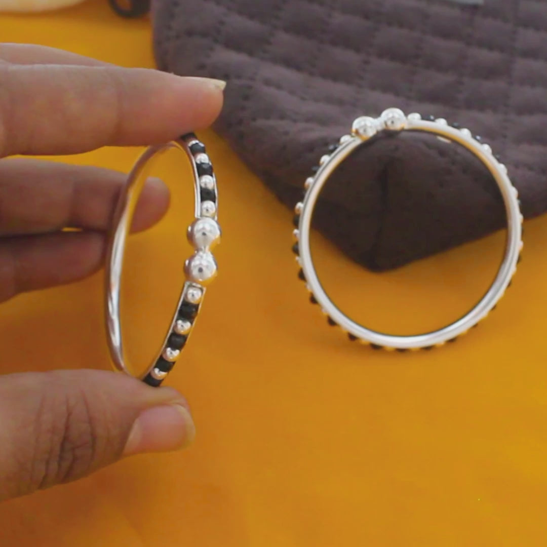 Trendy style 925 Real Silver Black Beads Nazariya kids Bangles Bracelet - Pair