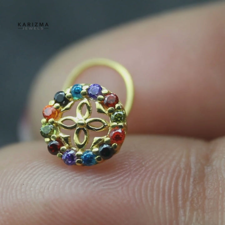 Wheel Style 14K Real Gold Multi CZ Twisted Nose Stud 24g