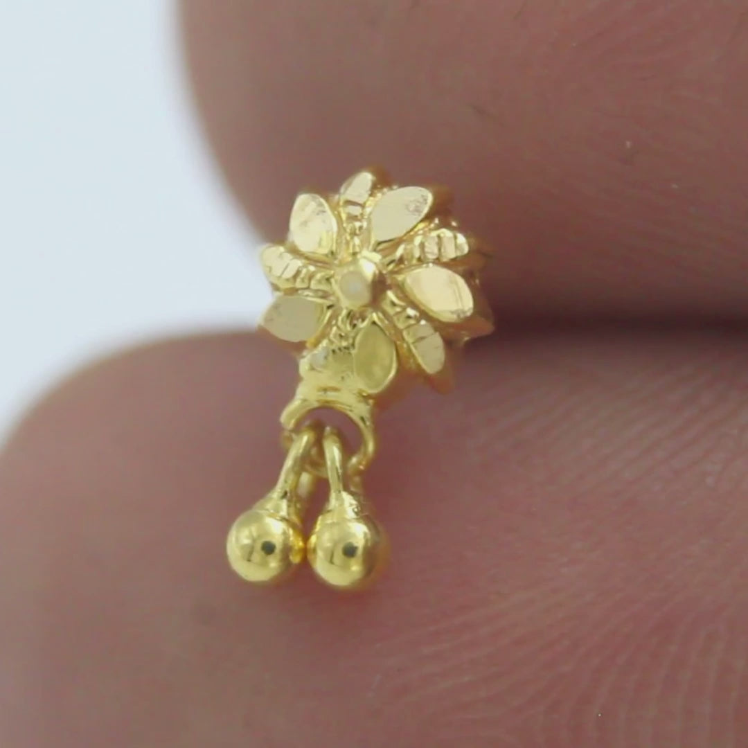 Traditional Indian Floral Dangle 18K Real Gold Push Pin Nose Stud