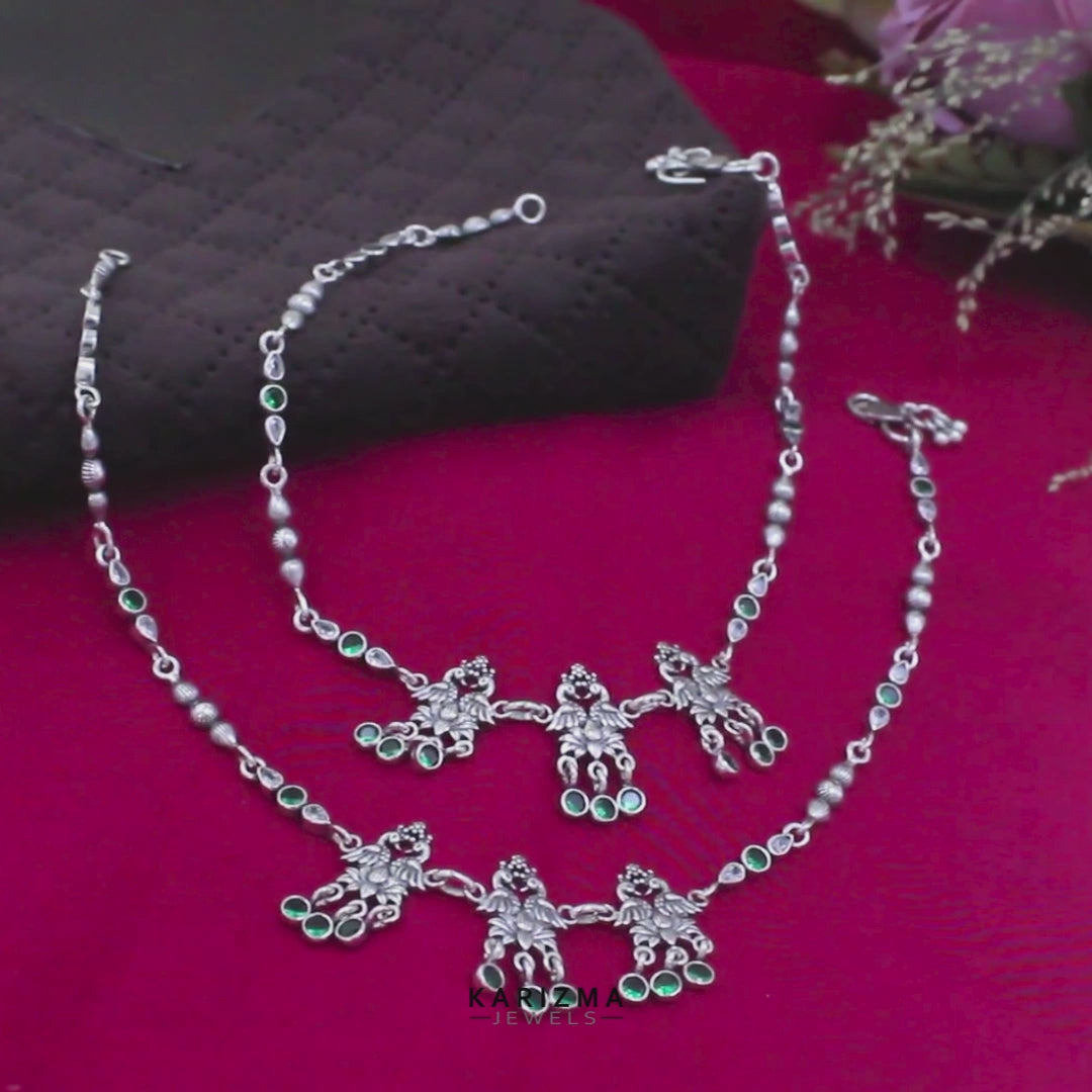 Traditional Peacock design 925 Sterling Silver Green white CZ Oxidised Anklet Pair 10.5"