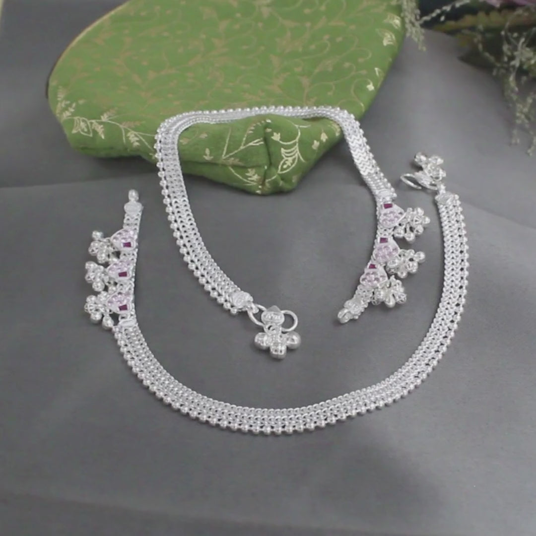 Real Sterling Silver Indian women Pink CZ heart design Anklet Ankle Bracelet 10"