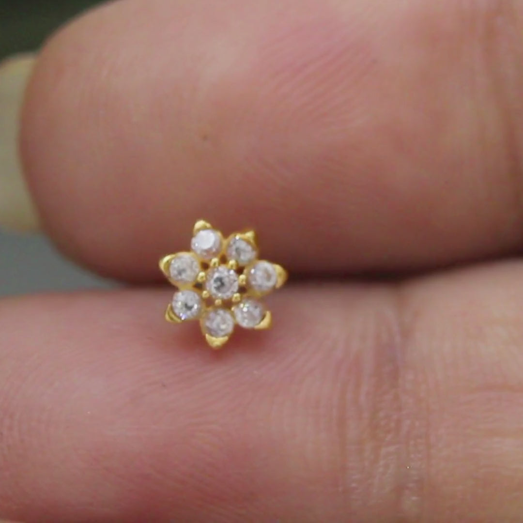 18K Real Gold Indian Women White CZ Flower Nose stud nose ring Push Pin
