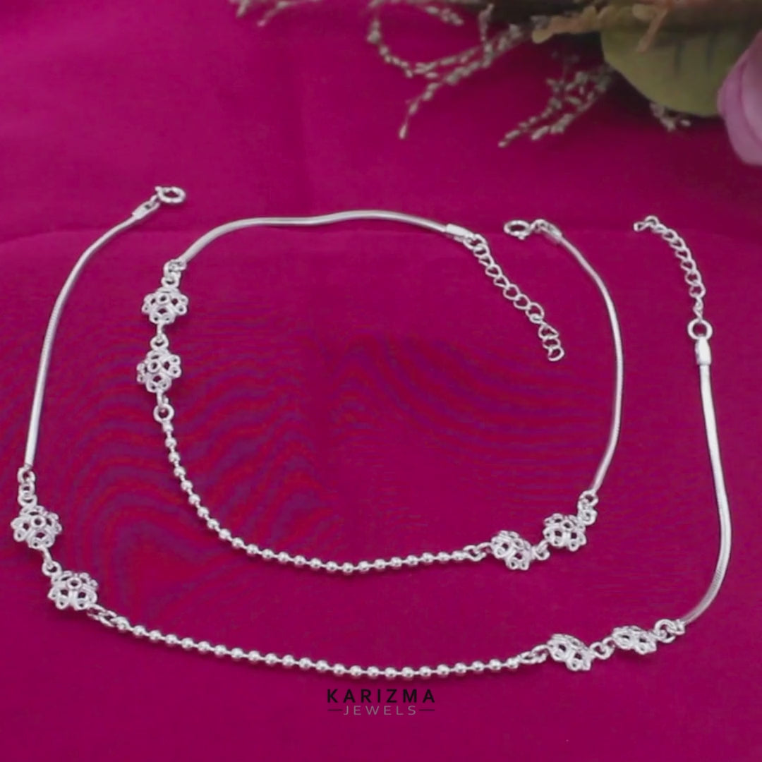 Real Silver Filigree Flower and Ball Chain Anklet - Pair
