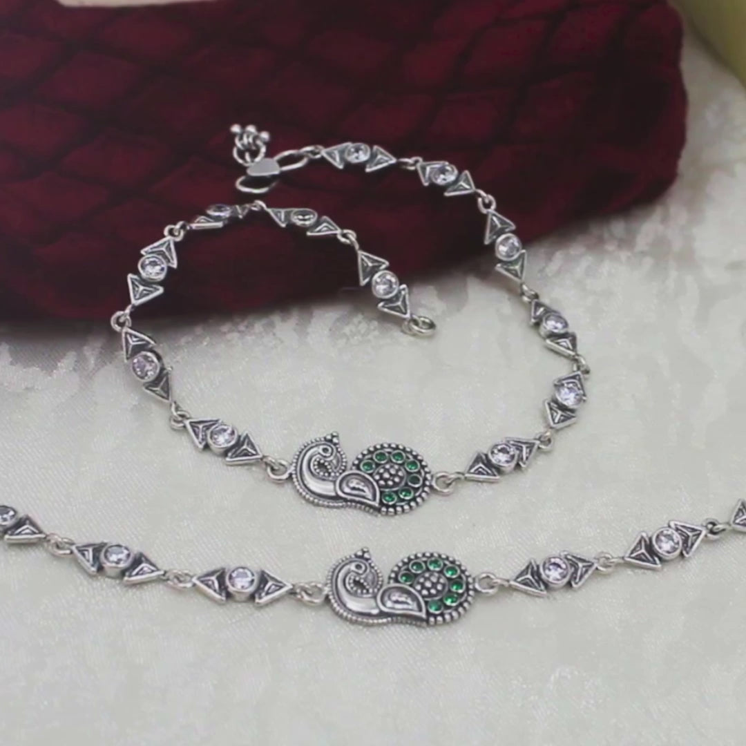 925 Sterling Silver Green White CZ Oxidised Peacock design Anklet Pair 10"