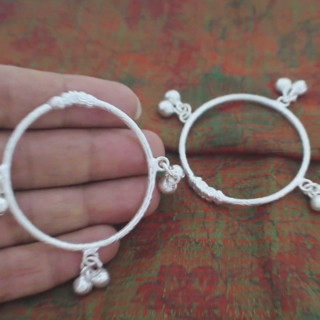 Real Silver pretty gifts kids Bangles Bracelet With Jingle Bells - Pair