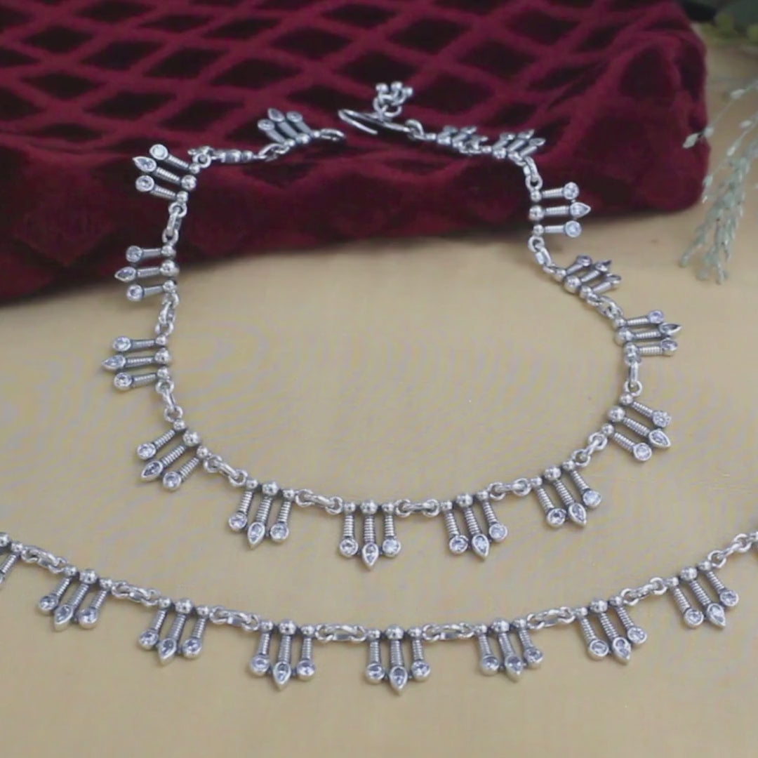 Boho look 925 Sterling Silver White CZ Oxidised Anklet Pair 10.5"