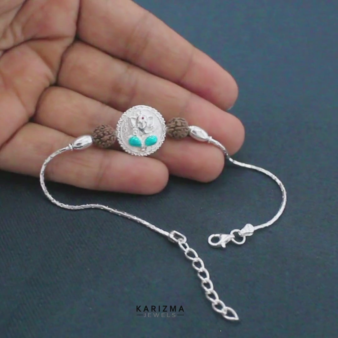 925 Real Sterling Silver Bracelet Lord Ganesha Rakhi 7.5"