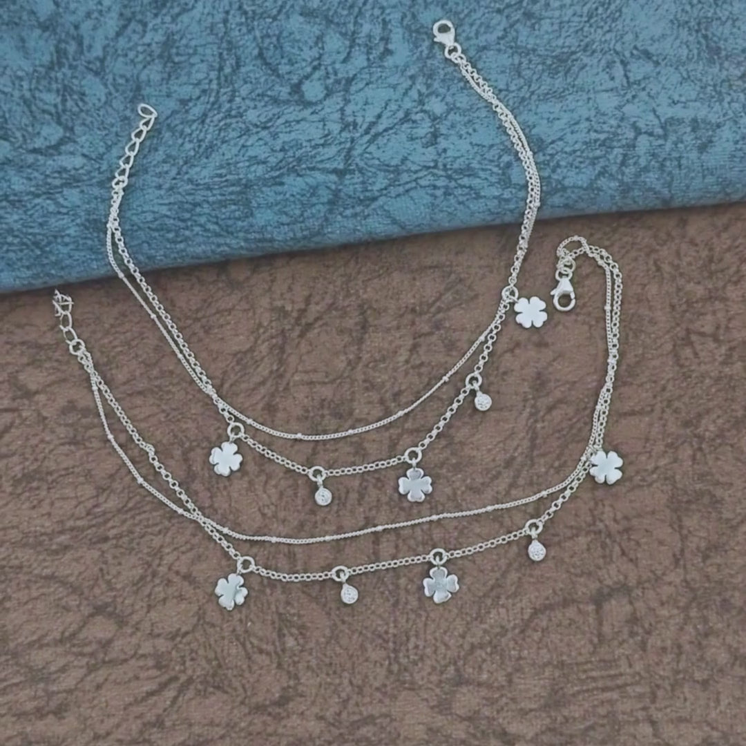 925 Sterling Silver Boho wear two Layers four leaf Clover girlish White CZ Chain Anklet Pair 10.5"