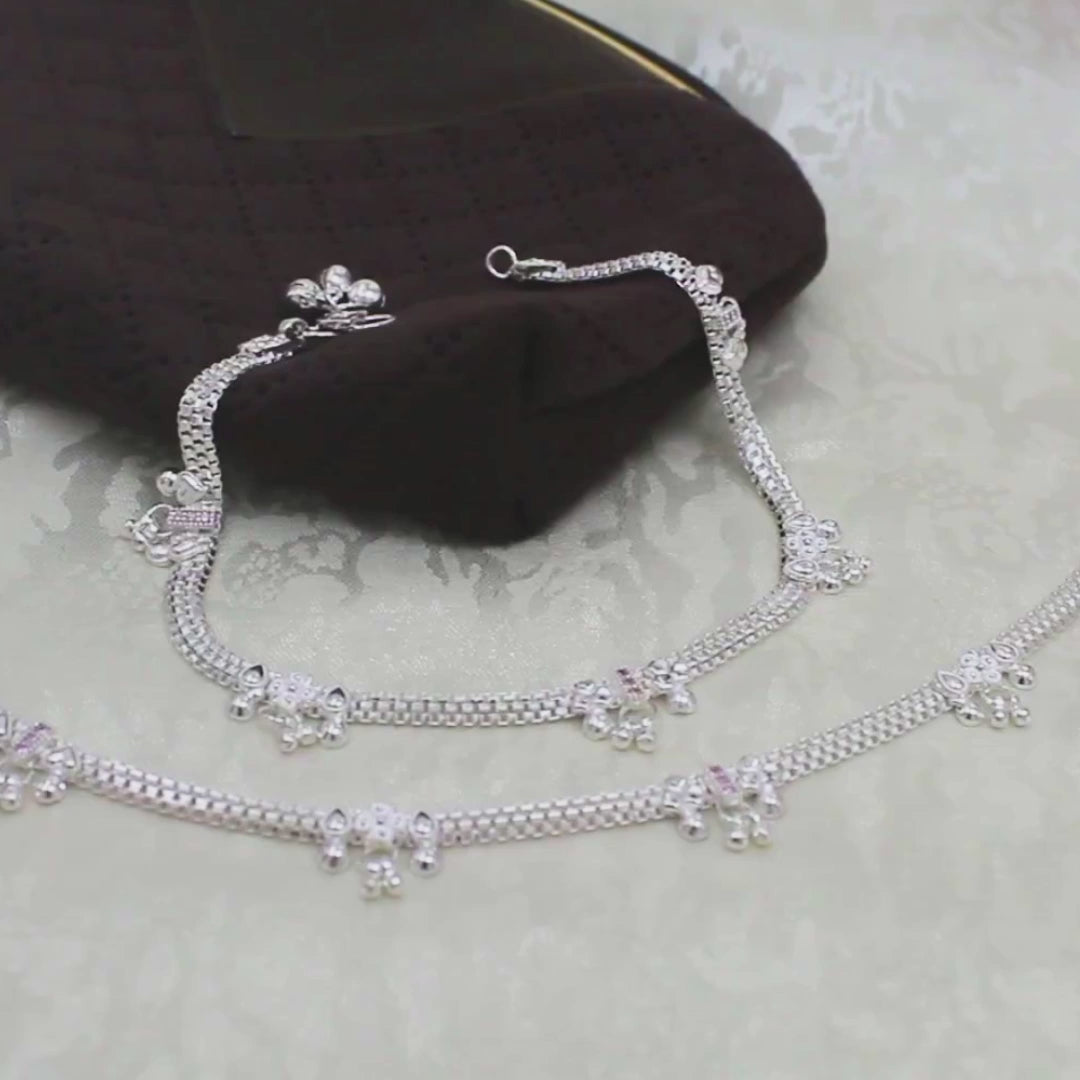 Real Sterling Silver Pink CZ Dangle Cultural Design Anklet 10.3 in