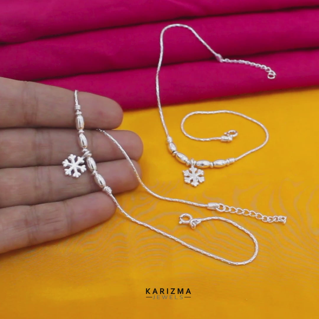 Premium Real Silver Snowflake Charm Anklet - Pair