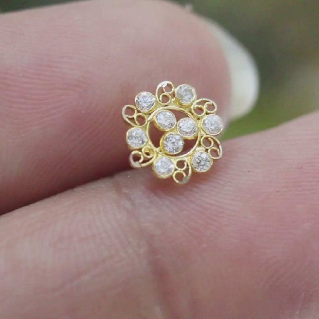 Medusa style 18K Real Gold White CZ Nose stud nose ring Push Pin