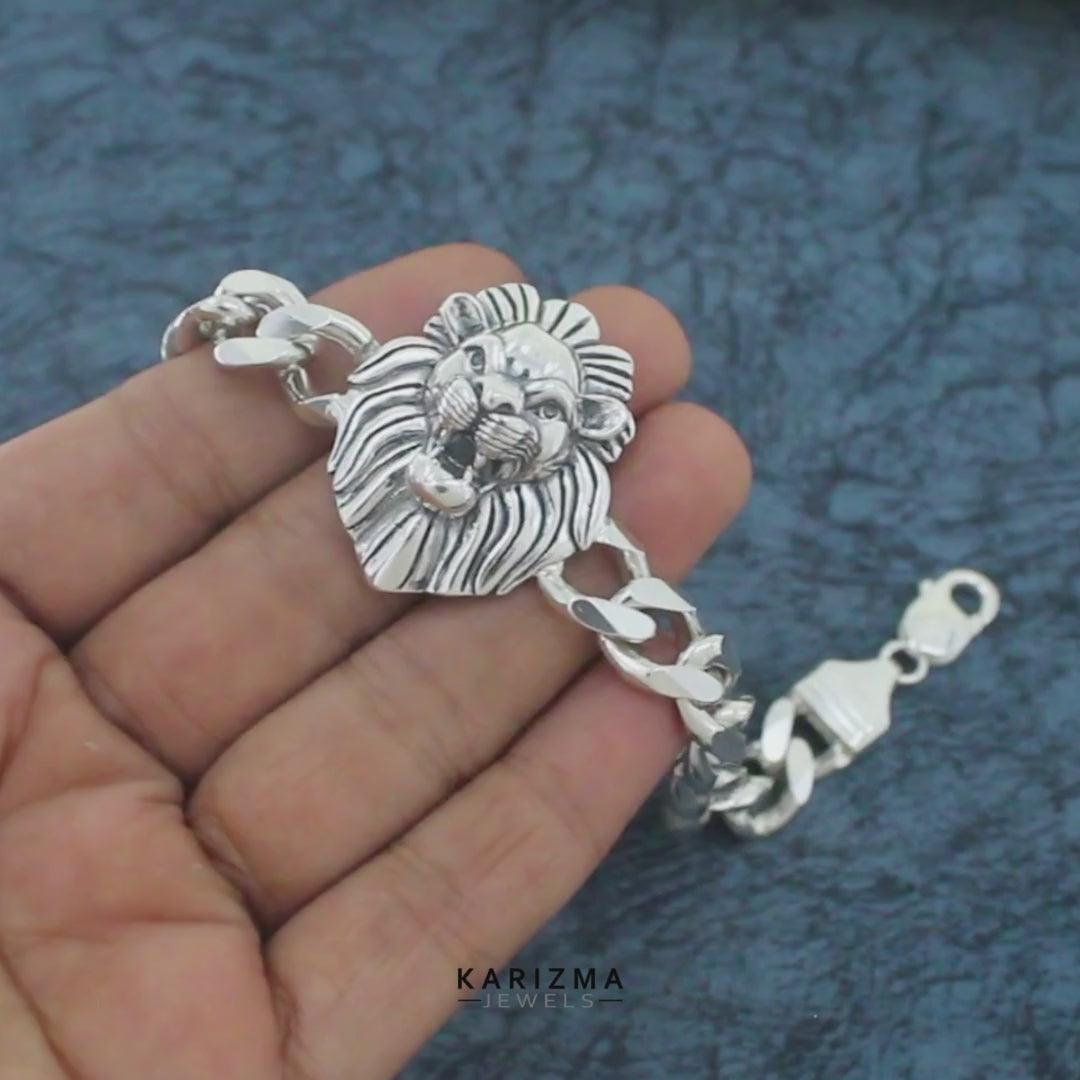 925 Sterling Silver Men's Lion Head Curb Chain Oxidized Bracelet