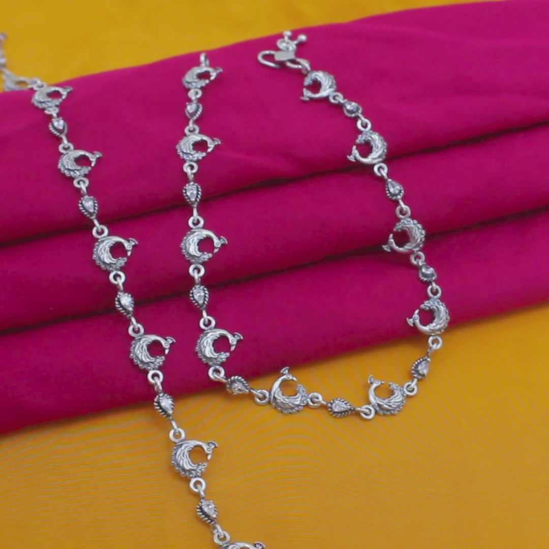 Elegant Oxidized Peacock Design 925 Sterling Silver Anklet Pair  - 10.5 in