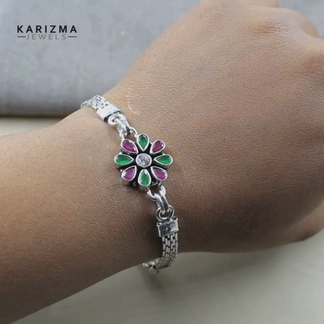 Flower Style Real Silver Cut Stone Oxidized Bracelet Gift For Girls Women