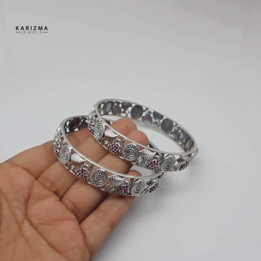 Real 925 Silver Pink CZ Women Oxidized Bangles Pair - 6.2 CM