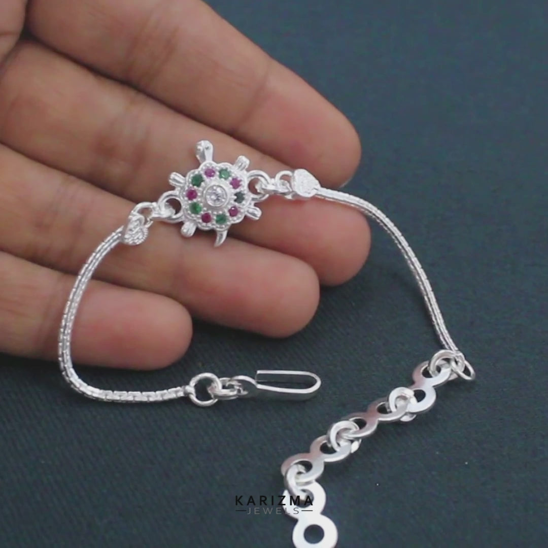 Real Silver Bracelet Multi CZ gifting Turtle style Rakhi 6"