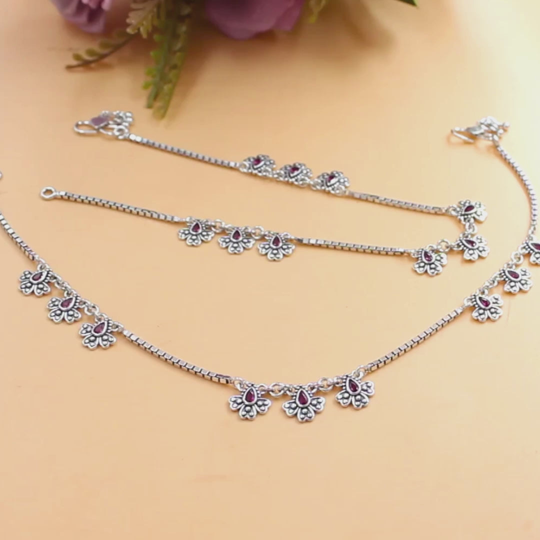 925 Sterling Silver Pink CZ Oxidised Peacock Feather Design Anklet Pair 10.3"