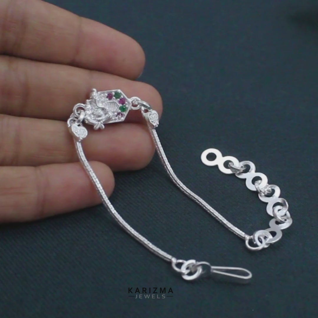 Real Silver Bracelet CZ gifting Ganesha Rakhi 6"