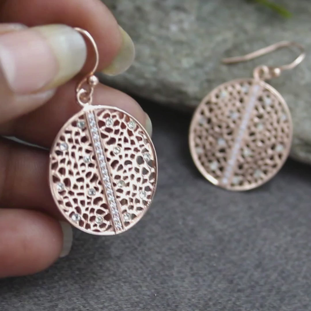 925 Sterling Silver White CZ Rose Gold Filigree Drops Earrings
