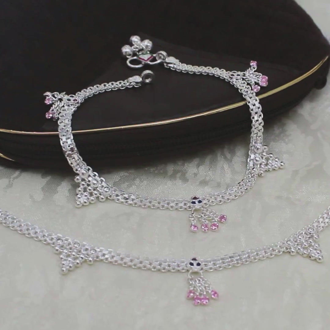 Real Sterling Silver Multi CZ Dangle Bridal Design Anklet 10.3 in