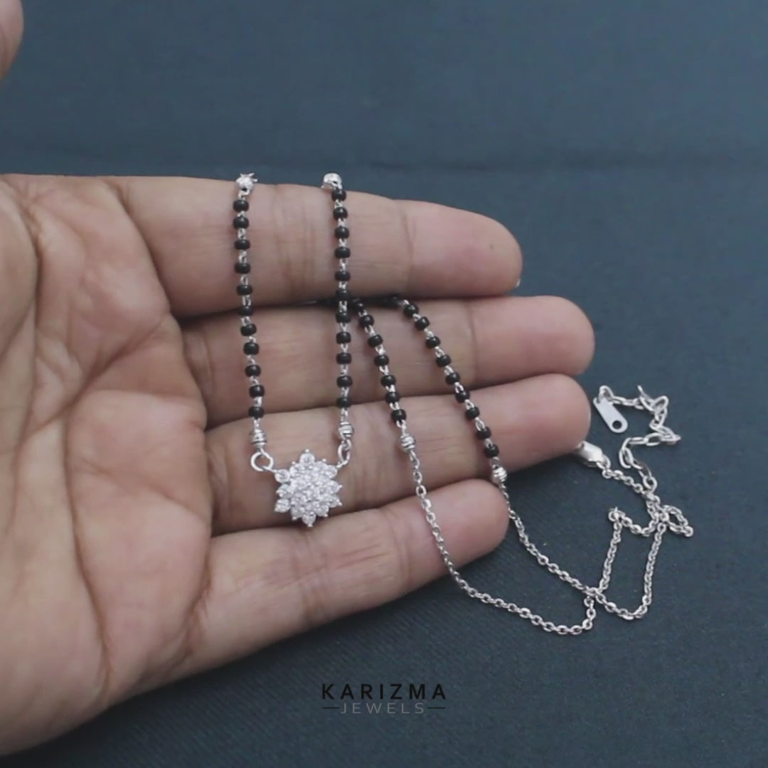 925 Real Sterling Silver Black Beads Flower Adjustable Mangalsutra women chain for wife