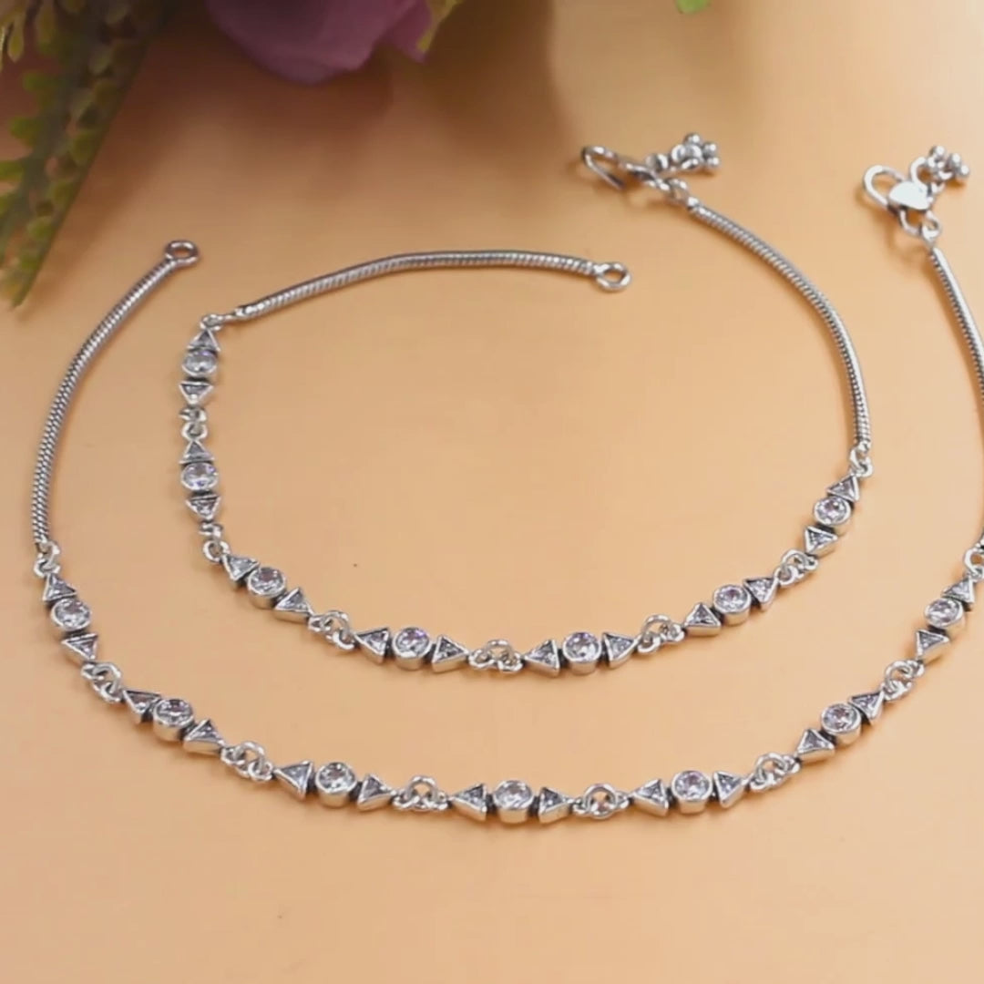 925 Sterling Silver White CZ Oxidised Foot Bracelet Anklet Pair 10.3"