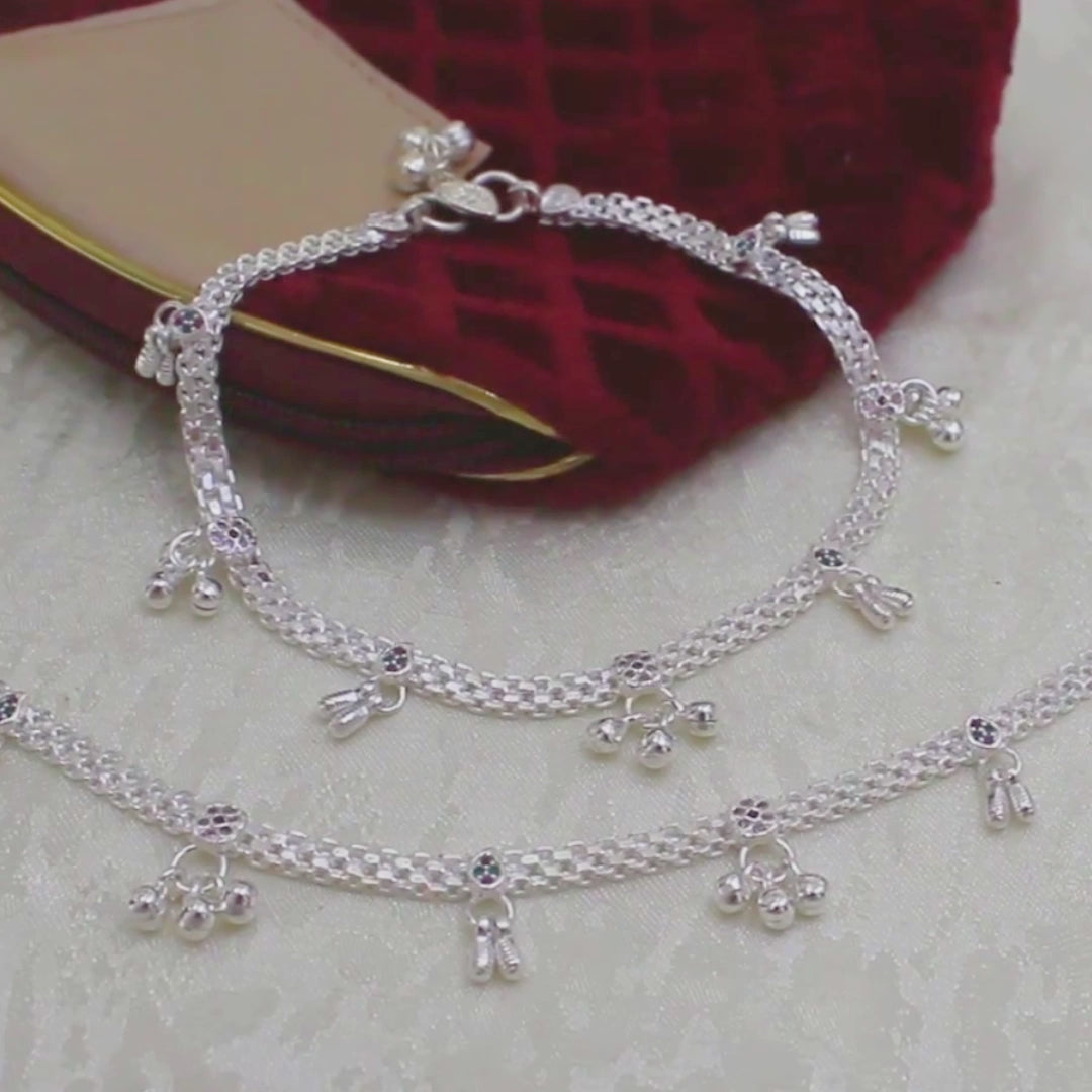 Indian Traditional Real Silver Multi CZ Women Anklet - 10.5 in