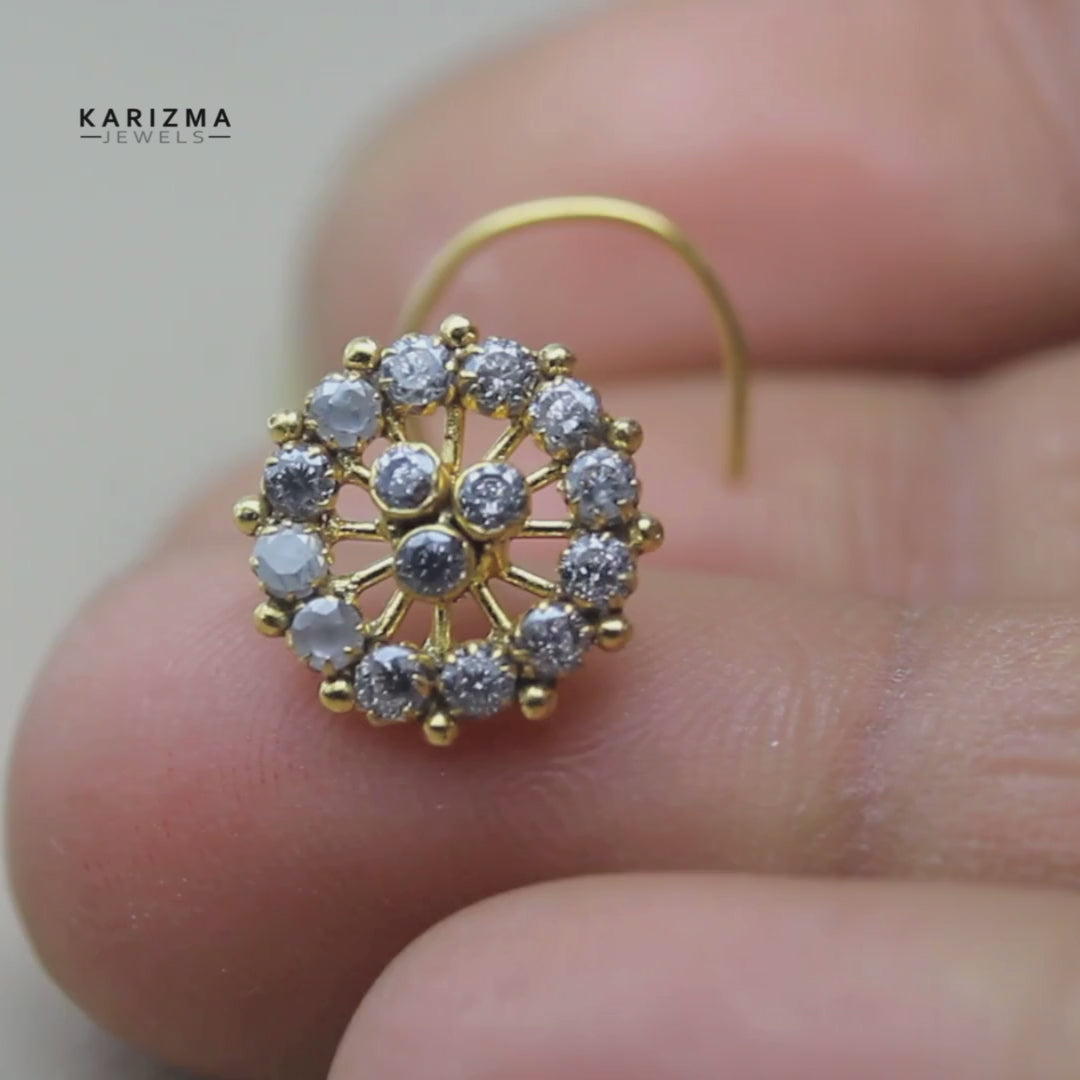 Wheel Style Gold Plated Nose Stud White CZ Twisted nose ring