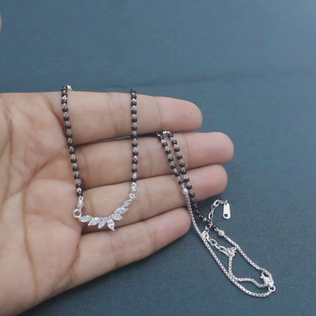 925 Real Sterling Silver Black Beads Floral Leaf CZ Mangalsutra women chain for wife