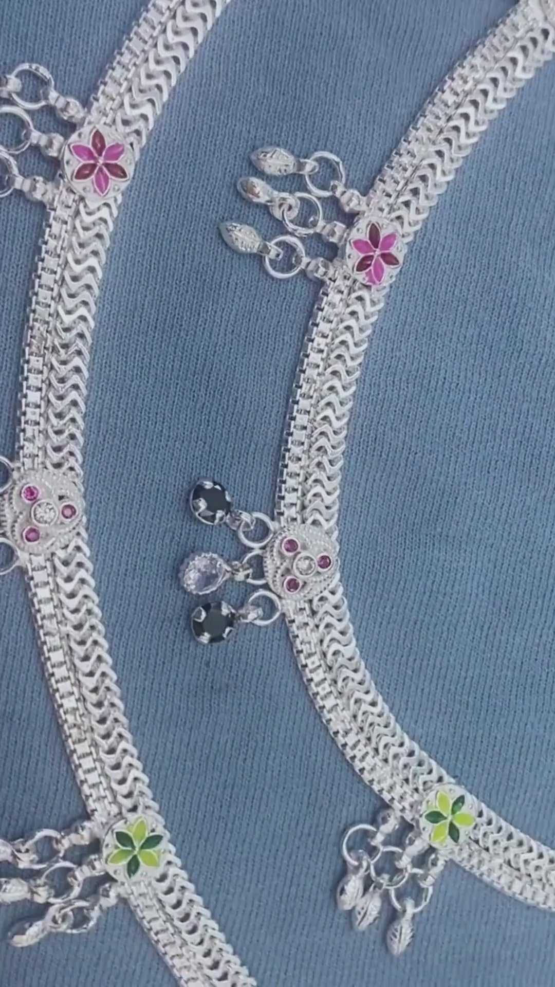 Real Sterling Silver Indian women Multi CZ fabulous Anklets Ankle Pair 10.3"