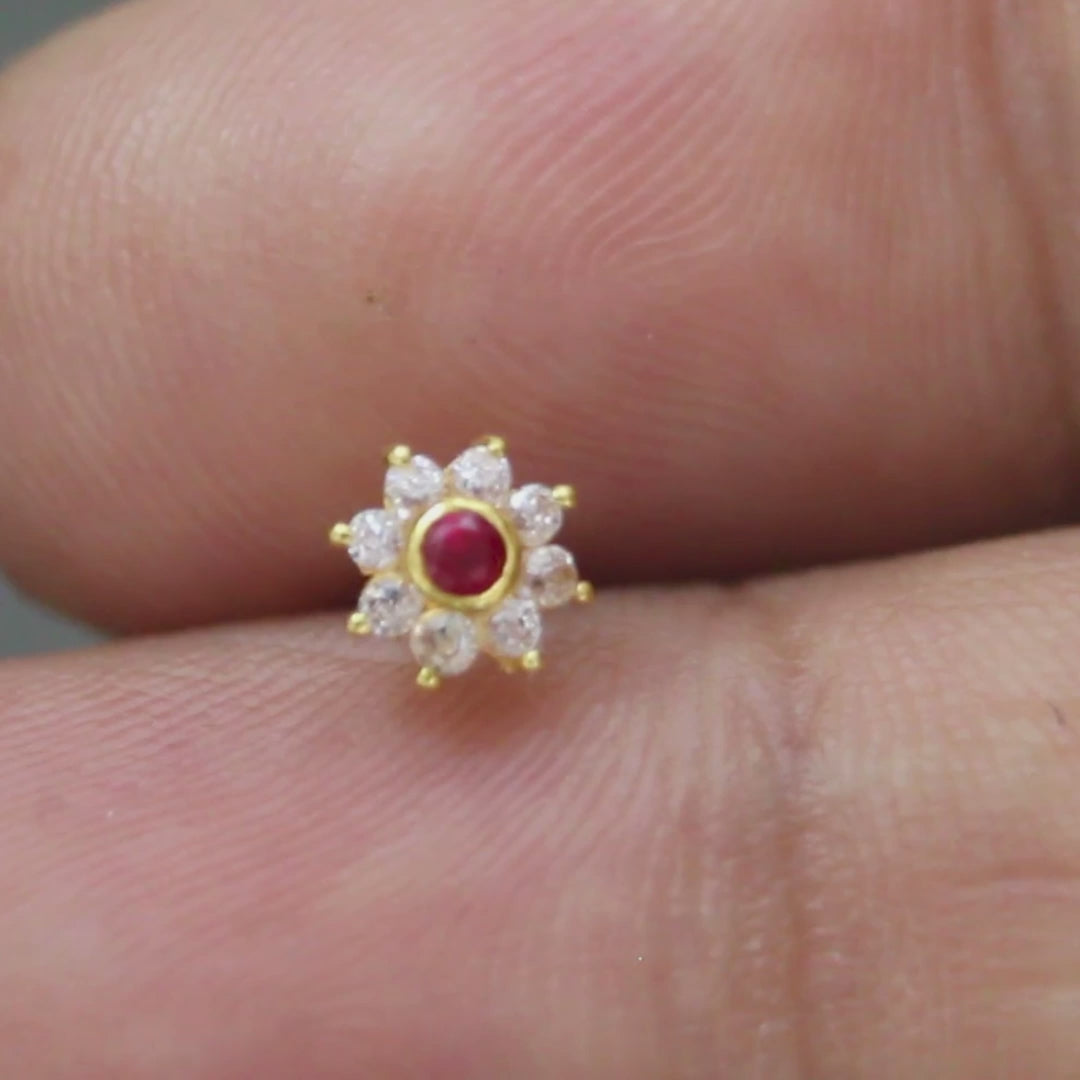 18K Real Gold Indian Women Pink White CZ star Nose stud nose ring Push Pin