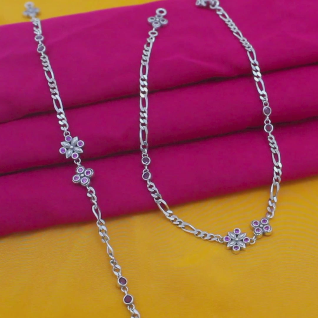 925 Sterling Silver Pink White CZ Oxidized Figaro chain links Anklet Pair 10.3"