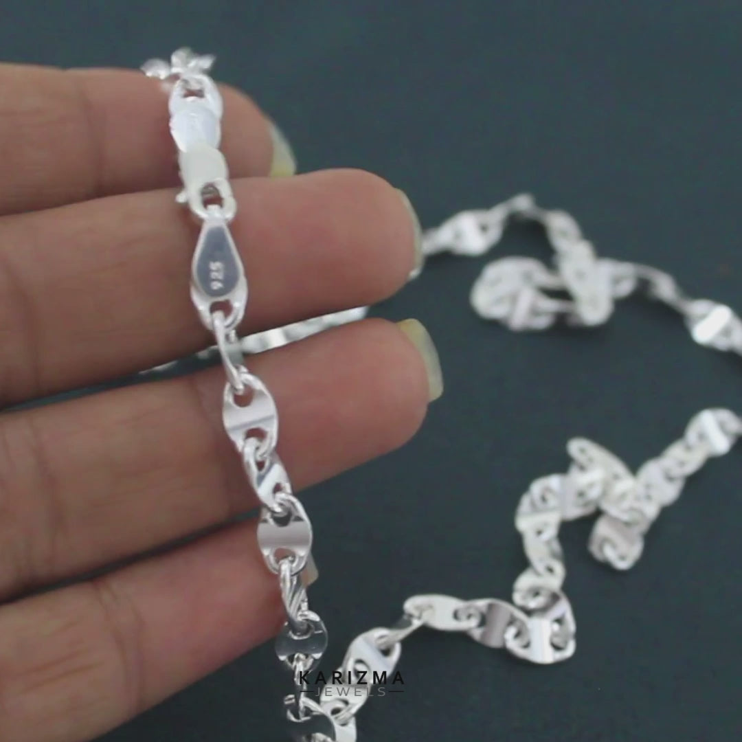 925 Real Sterling Silver Puffed Mariner Neck Chain 20"