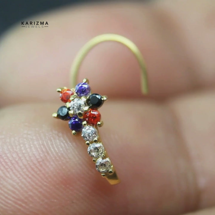  Flower shape vertical style 14k Real Gold Nose Stud with Multi-color stones  