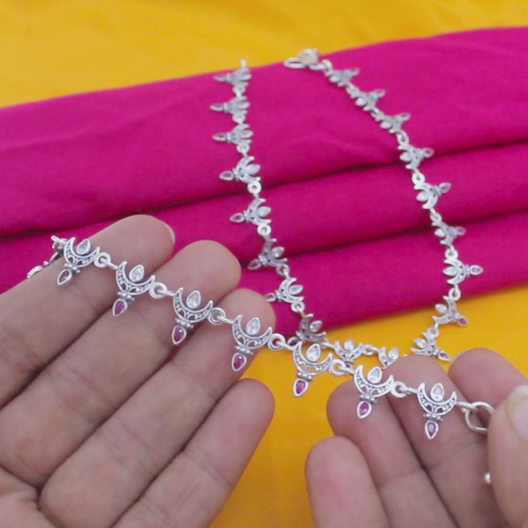 925 Silver Pink and White CZ Crescent Charm Oxidized Anklet Pair for Women - 10.3 in