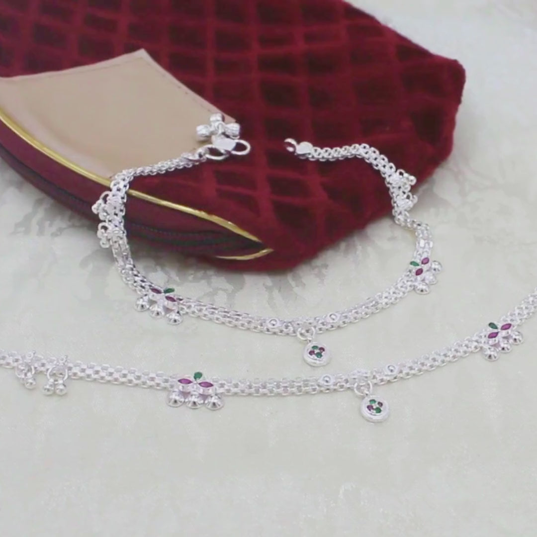 Real Sterling Silver Green Pink CZ Wedding Wear Anklet 10.3 in