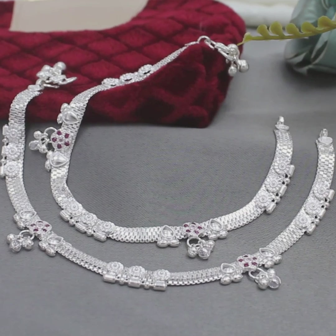 Real Sterling Silver Indian women Pink CZ wedding Anklet Ankle Bracelet 10.3"