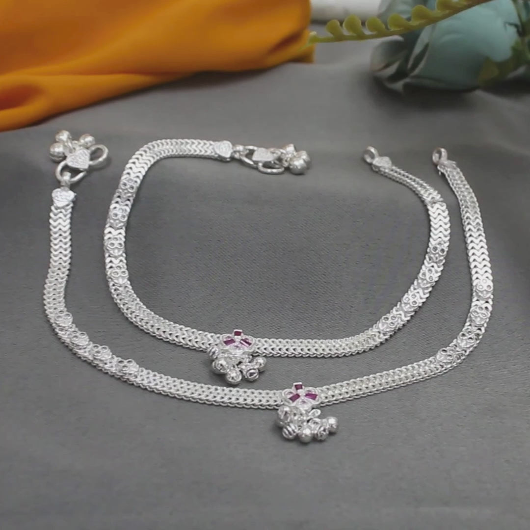 Real Sterling Silver Indian women Pink White CZ handmade Anklet Ankle Bracelet 10.2"