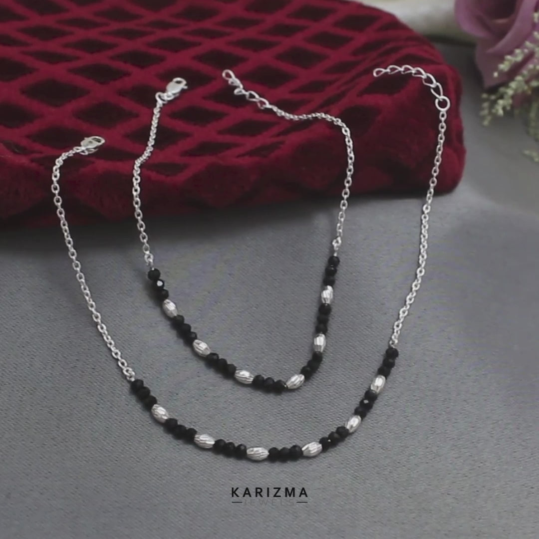 925 Sterling Silver Indian women amazing black crystal bead Anklets Pair 9.5"