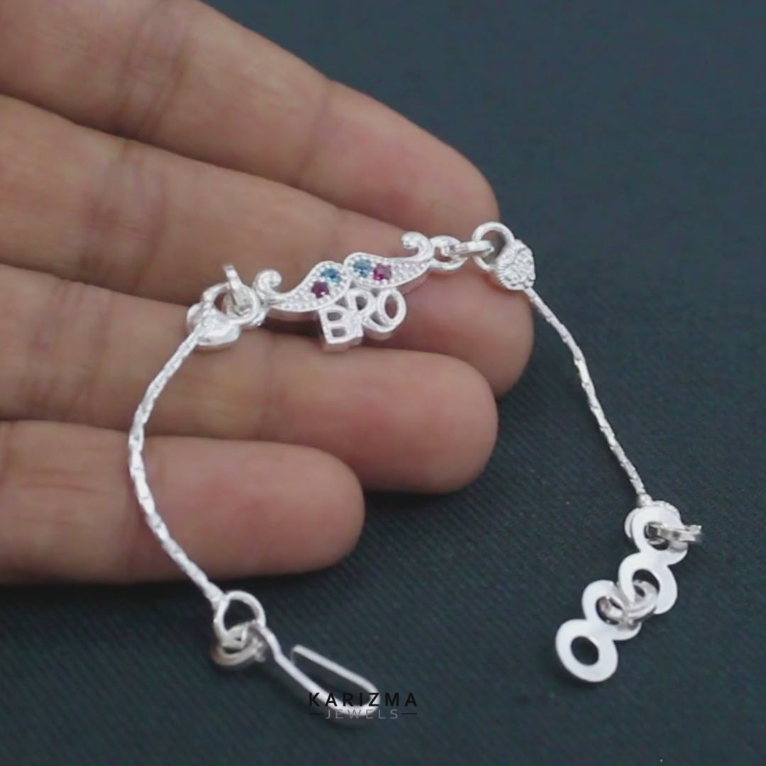 Unique Real Silver Bracelet CZ Kids Bro Moustache Rakhi 5"