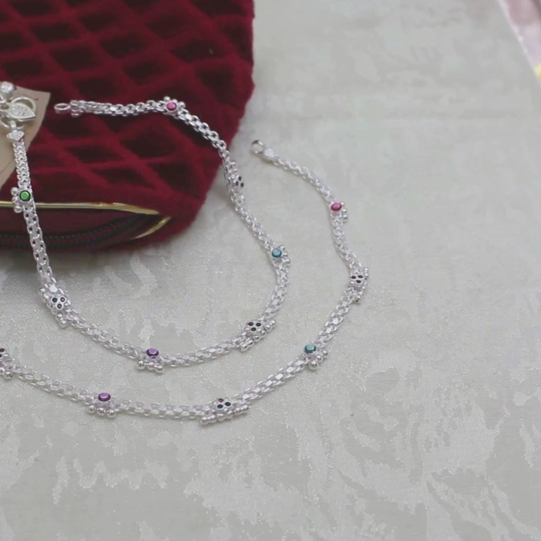 Real Silver Blue Pink CZ Sleek Chain Anklet - 10.5 in