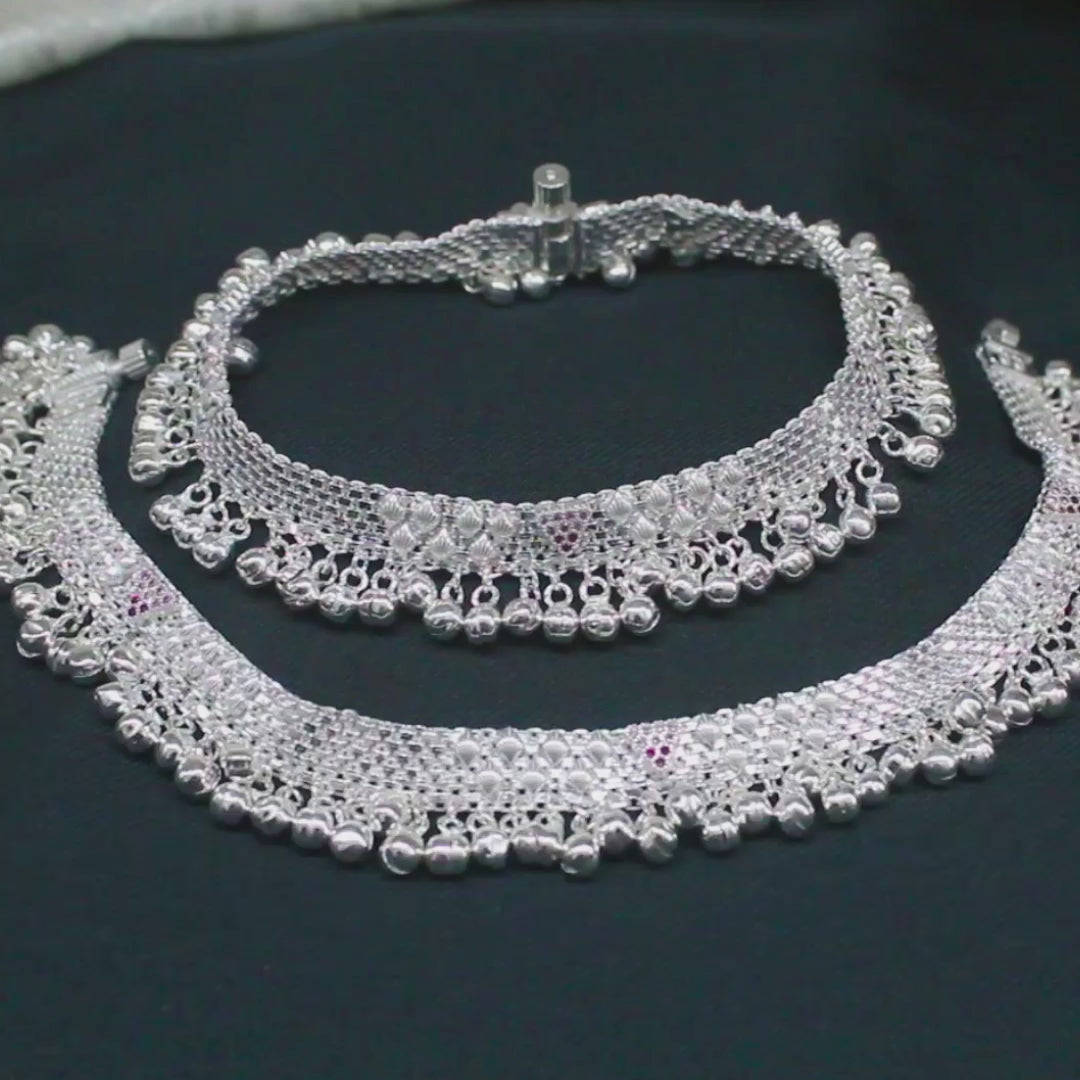 Premium Designer Real Silver Bridal Jingle Bells Pink CZ Anklet Pair - 10 inch