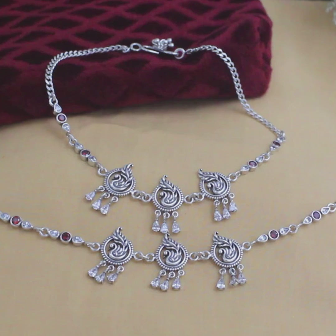 925 Sterling Silver orange white CZ Oxidised peacock Anklet Pair 10.3"