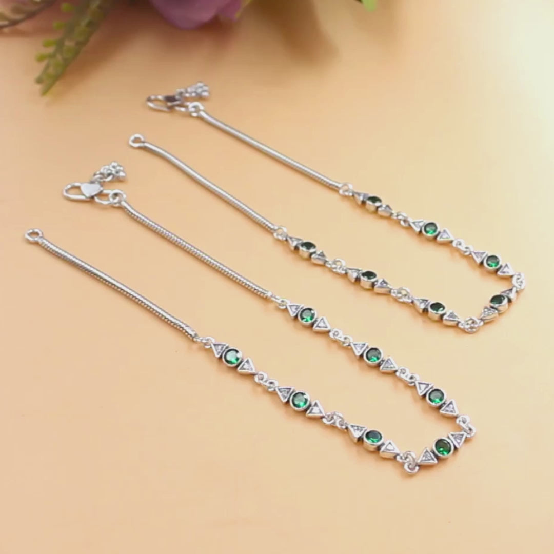 925 Sterling Silver Green White CZ Oxidised Snake-Link Anklet Pair 10.3"