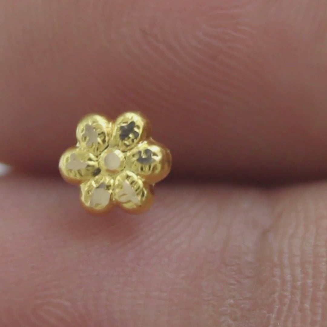 Daily Wear Small Floral 18K Real Gold Push Pin Nose Stud