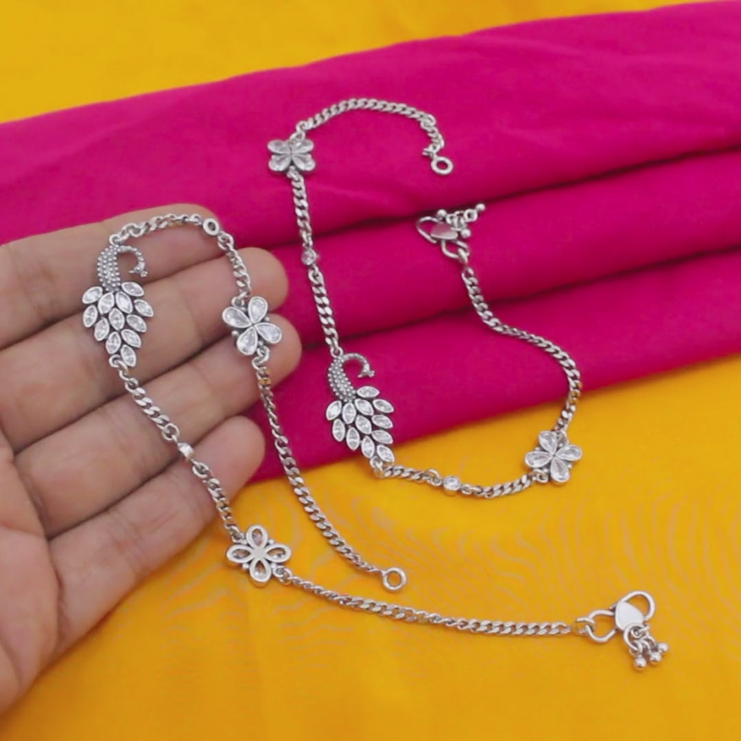 925 Silver White CZ Oxidized Design Peacock Anklet Pair for Women