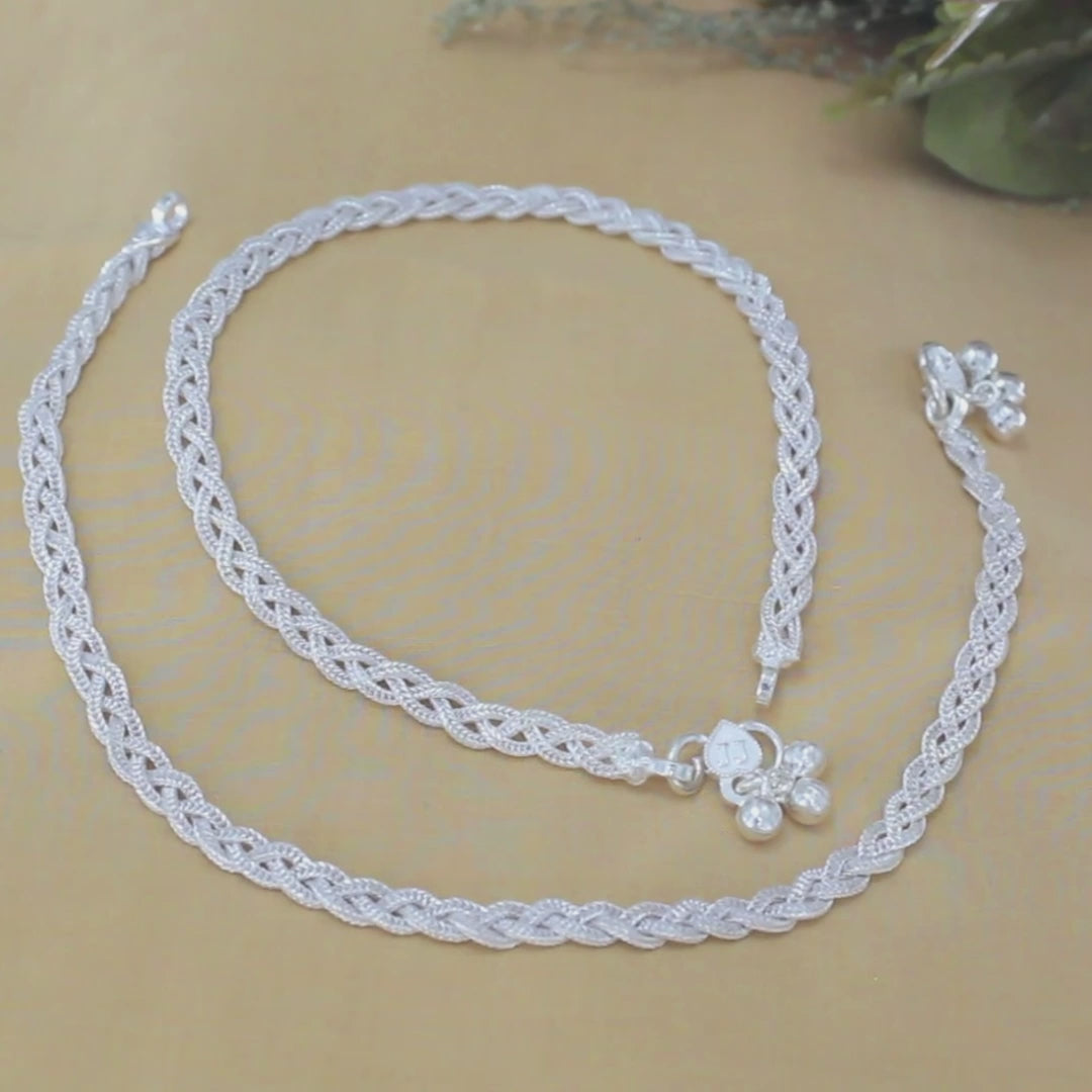 Real Silver Braided Knot Women Anklet Pair 10.3"