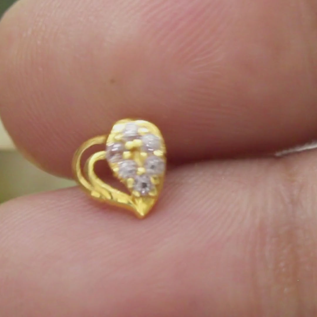 18K Real Gold Indian Women White CZ Heart shape Nose stud nose ring Push Pin