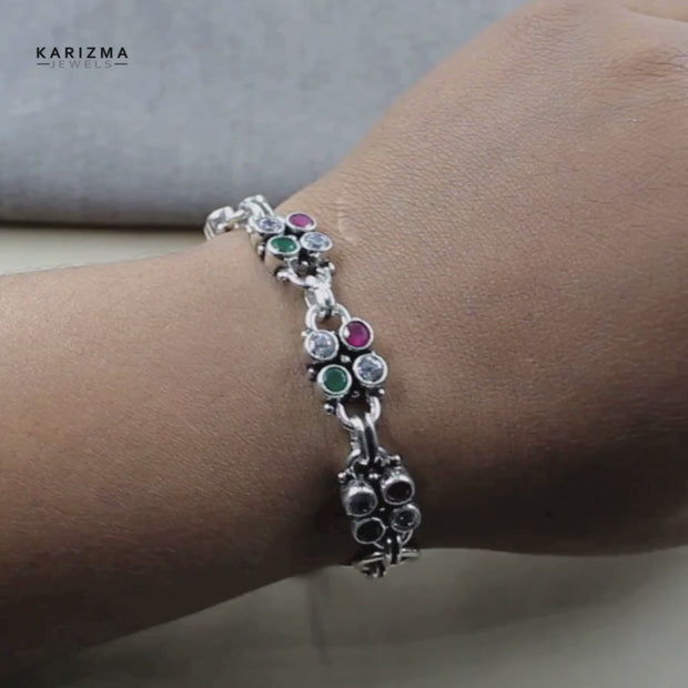 Real Sterling Silver Round Cut Stone Oxidized Bracelet Gift