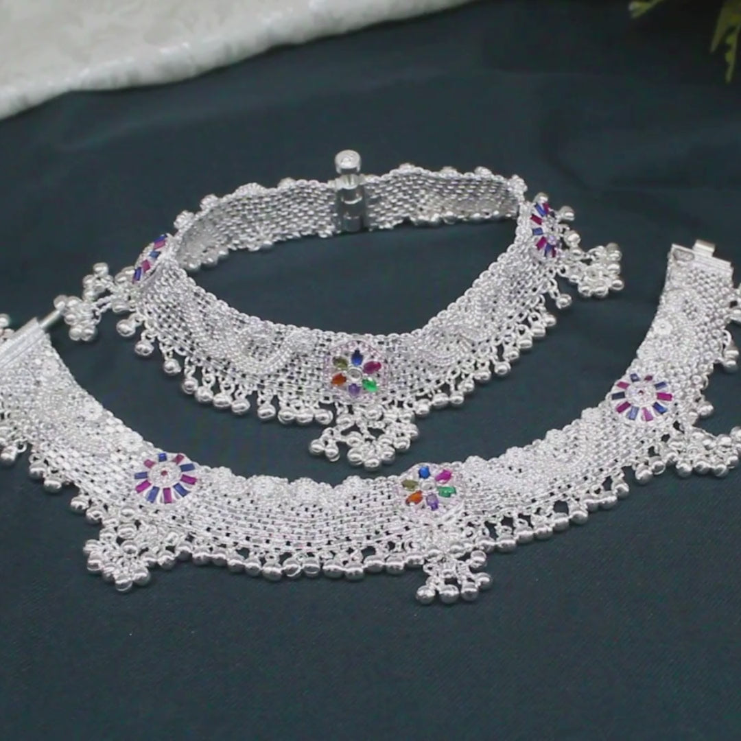 Heavy Designer Real Silver Bridal Jingle Bells Anklet Pair with Multi CZ